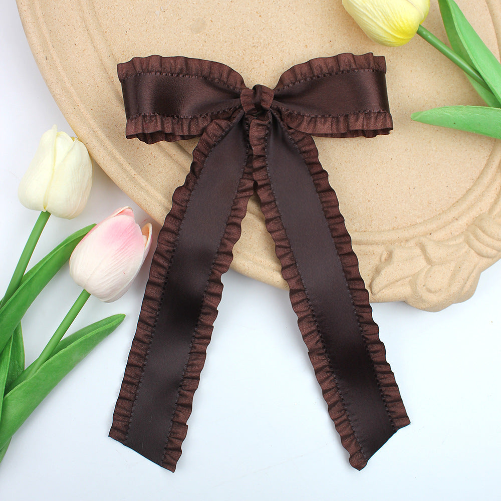 Ruffle Edge Satin Bow Hair Clip - Brown