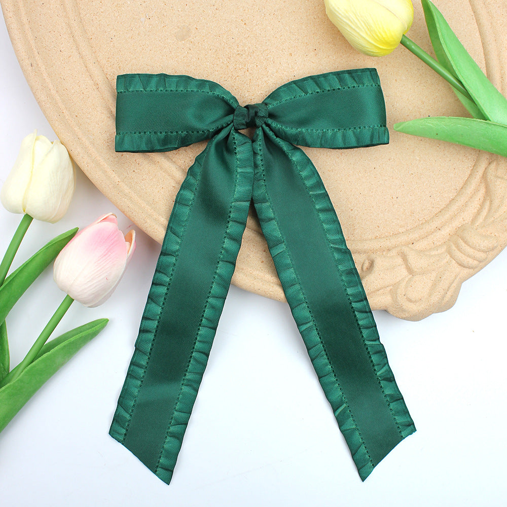 Ruffle Edge Satin Bow Hair Clip - Forest