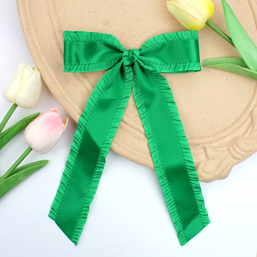 Ruffle Edge Satin Bow Hair Clip - Green