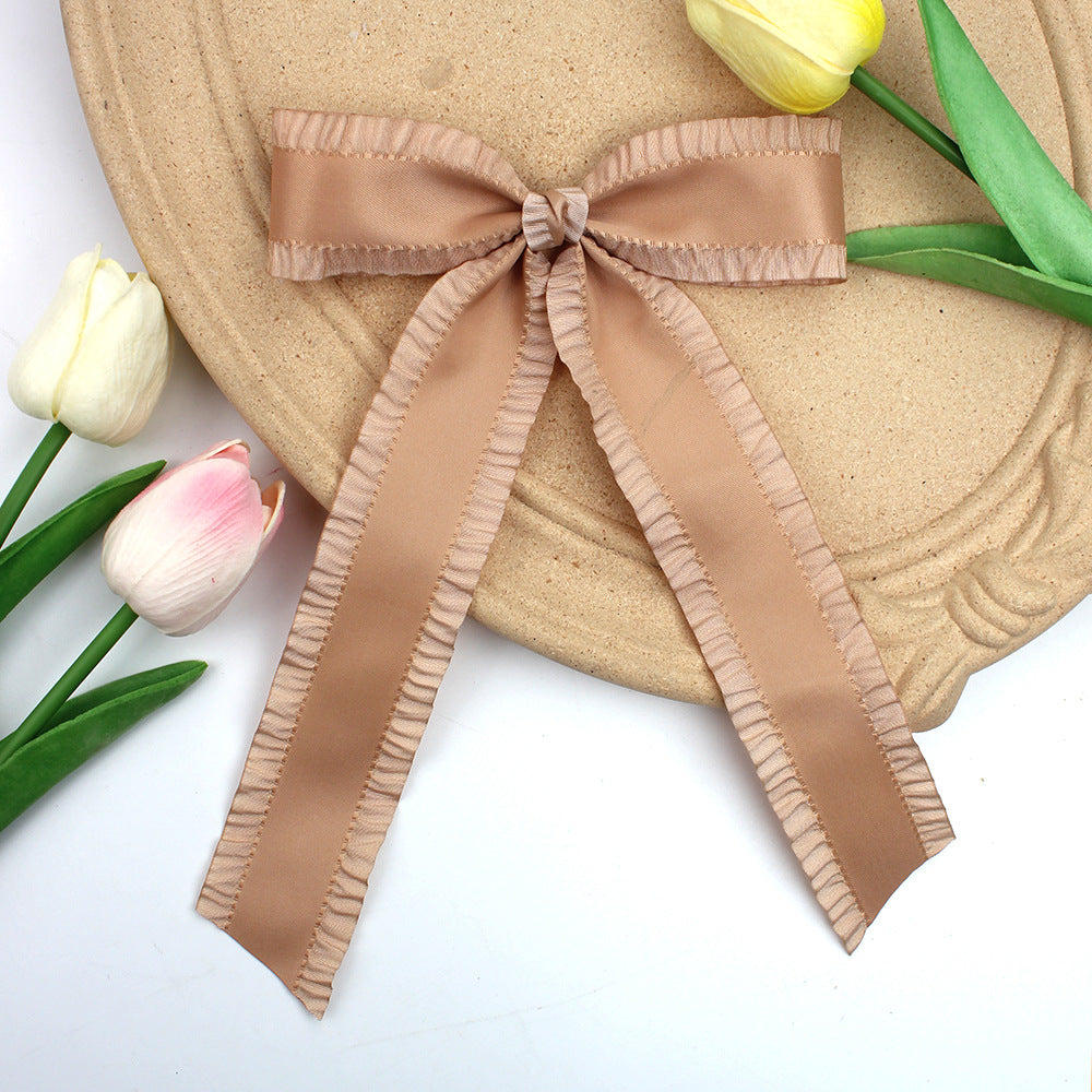 Ruffle Edge Satin Bow Hair Clip - Latte