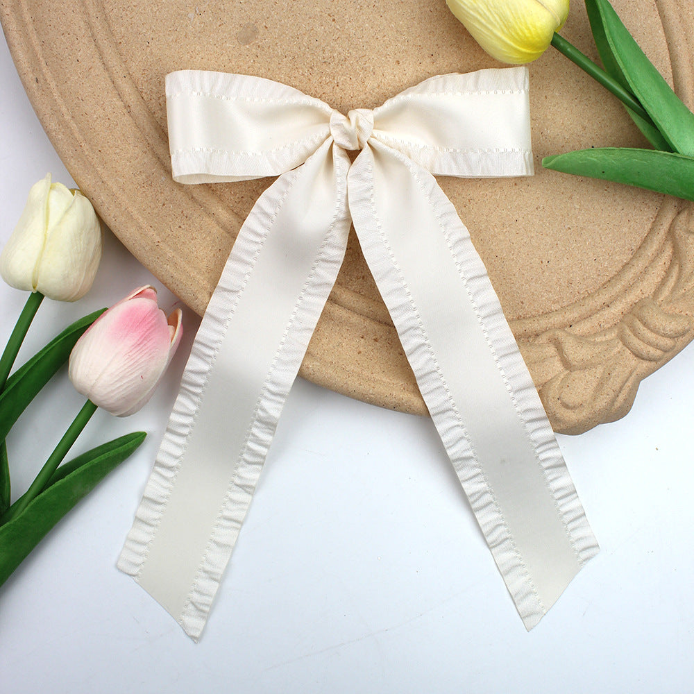 Ruffle Edge Satin Bow Hair Clip - Offwhite