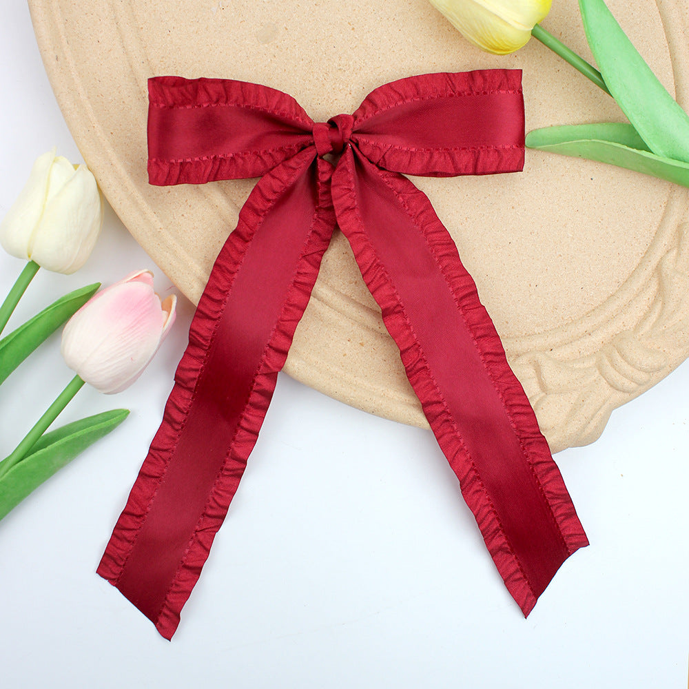 Ruffle Edge Satin Bow Hair Clip - Red