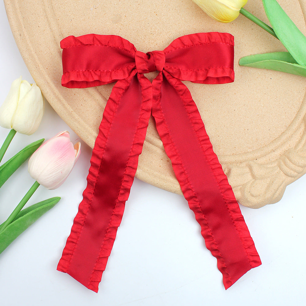 Ruffle Edge Satin Bow Hair Clip - Scarlet