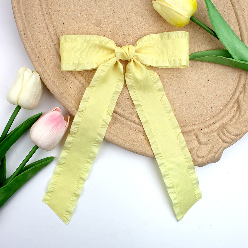 Ruffle Edge Satin Bow Hair Clip - Yellow