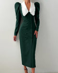 Scalloped Collar Puff Sleeve Midi Dress - Green