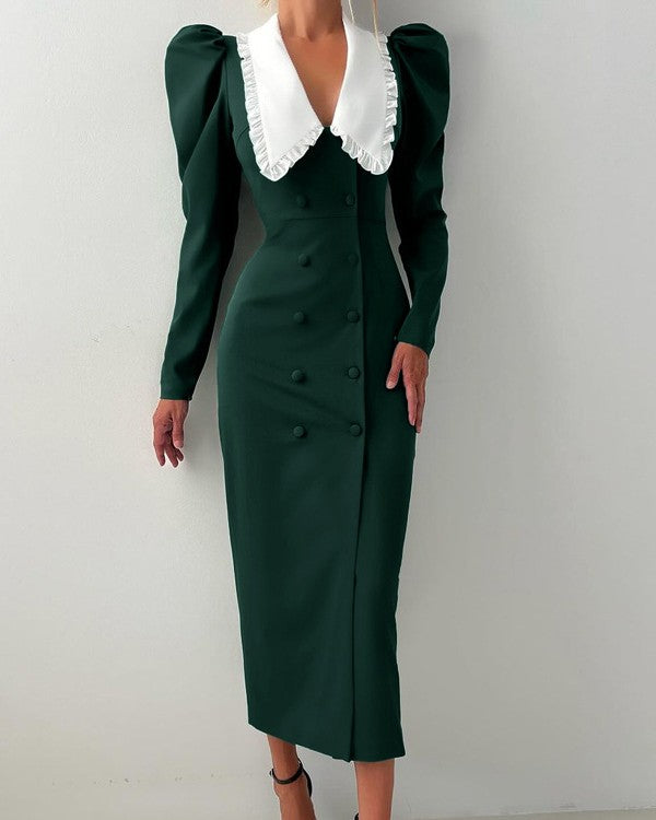 Scalloped Collar Puff Sleeve Midi Dress - Green