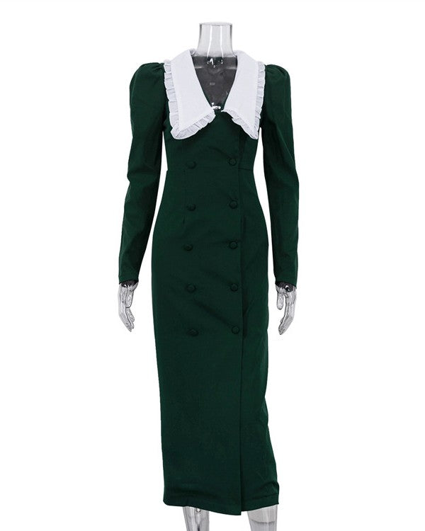 Scalloped Collar Puff Sleeve Midi Dress - Green - 1
