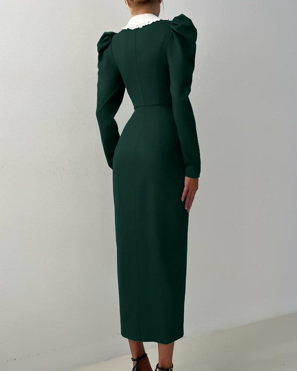 Scalloped Collar Puff Sleeve Midi Dress - Green - 2