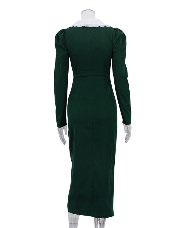 Scalloped Collar Puff Sleeve Midi Dress - Green - 3