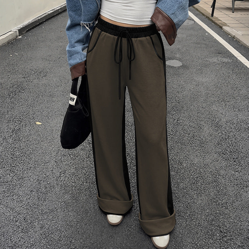 Wide Leg Drawstring Pants With Contrast Panels - ArmyGreen