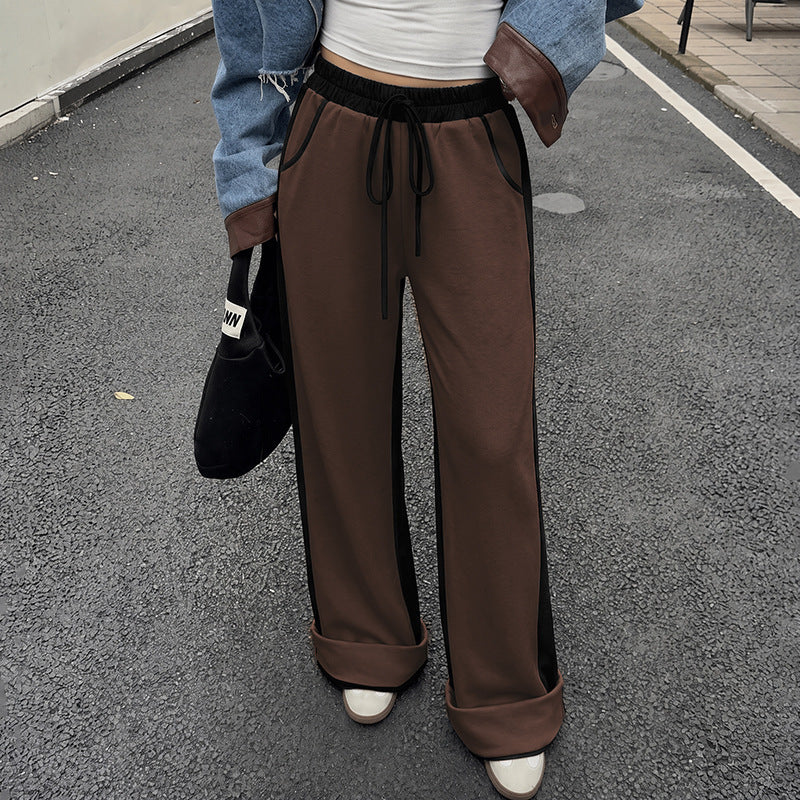 Wide Leg Drawstring Pants With Contrast Panels - Brown