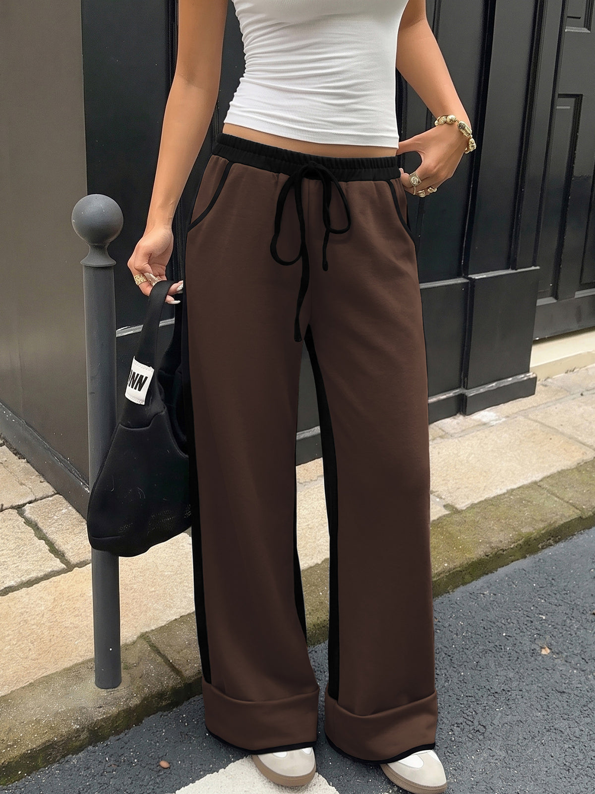 Wide Leg Drawstring Pants With Contrast Panels - Brown - 1
