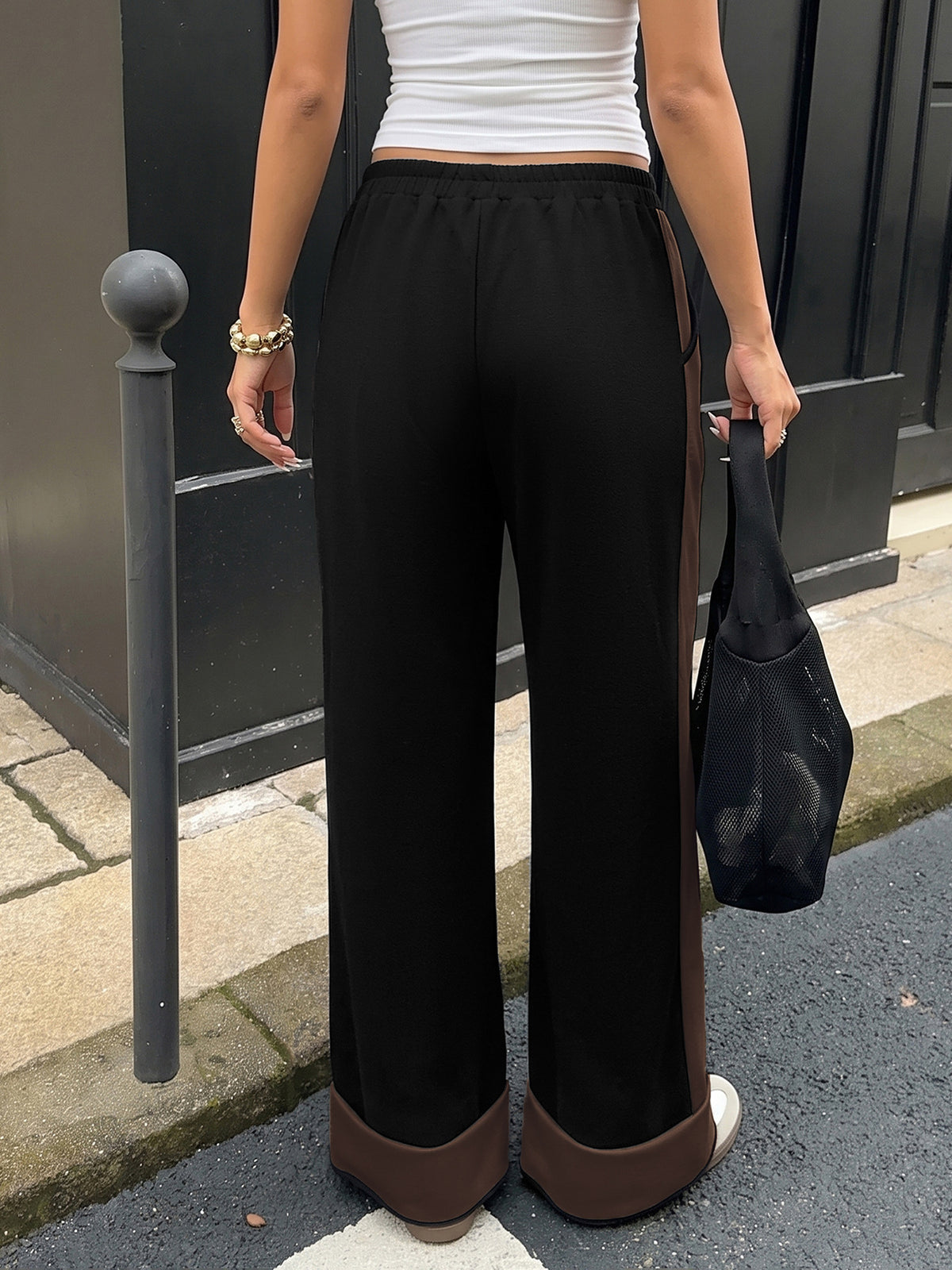 Wide Leg Drawstring Pants With Contrast Panels - Brown - 2