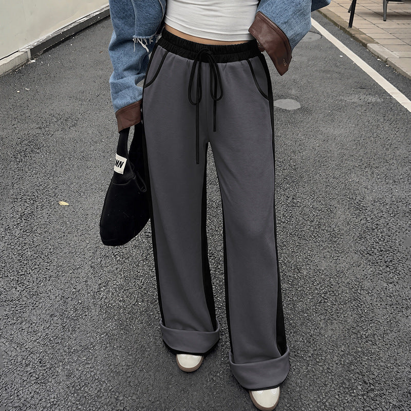 Wide Leg Drawstring Pants With Contrast Panels - DarkGray