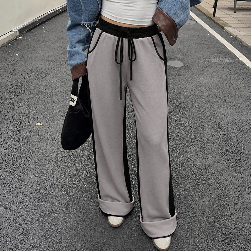 Wide Leg Drawstring Pants With Contrast Panels - Grey - 1