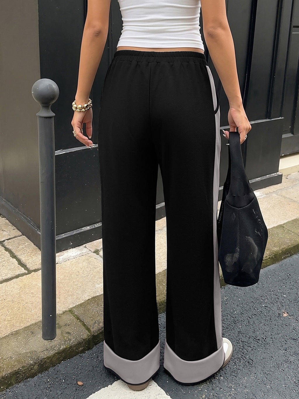 Wide Leg Drawstring Pants With Contrast Panels - Grey - 2