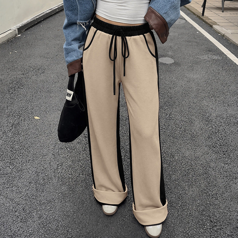 Wide Leg Drawstring Pants With Contrast Panels - Khaki