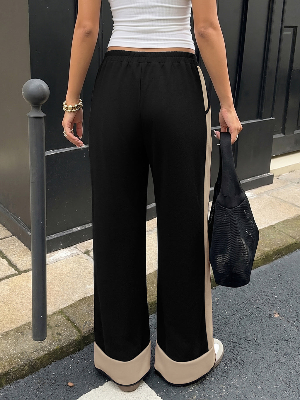 Wide Leg Drawstring Pants With Contrast Panels - Khaki - 1