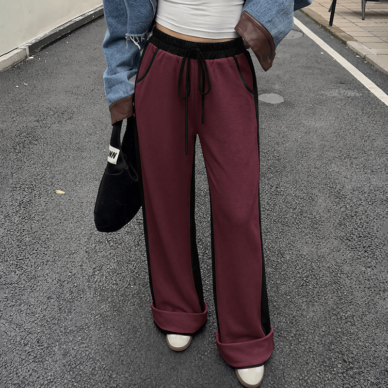 Wide Leg Drawstring Pants With Contrast Panels - Red