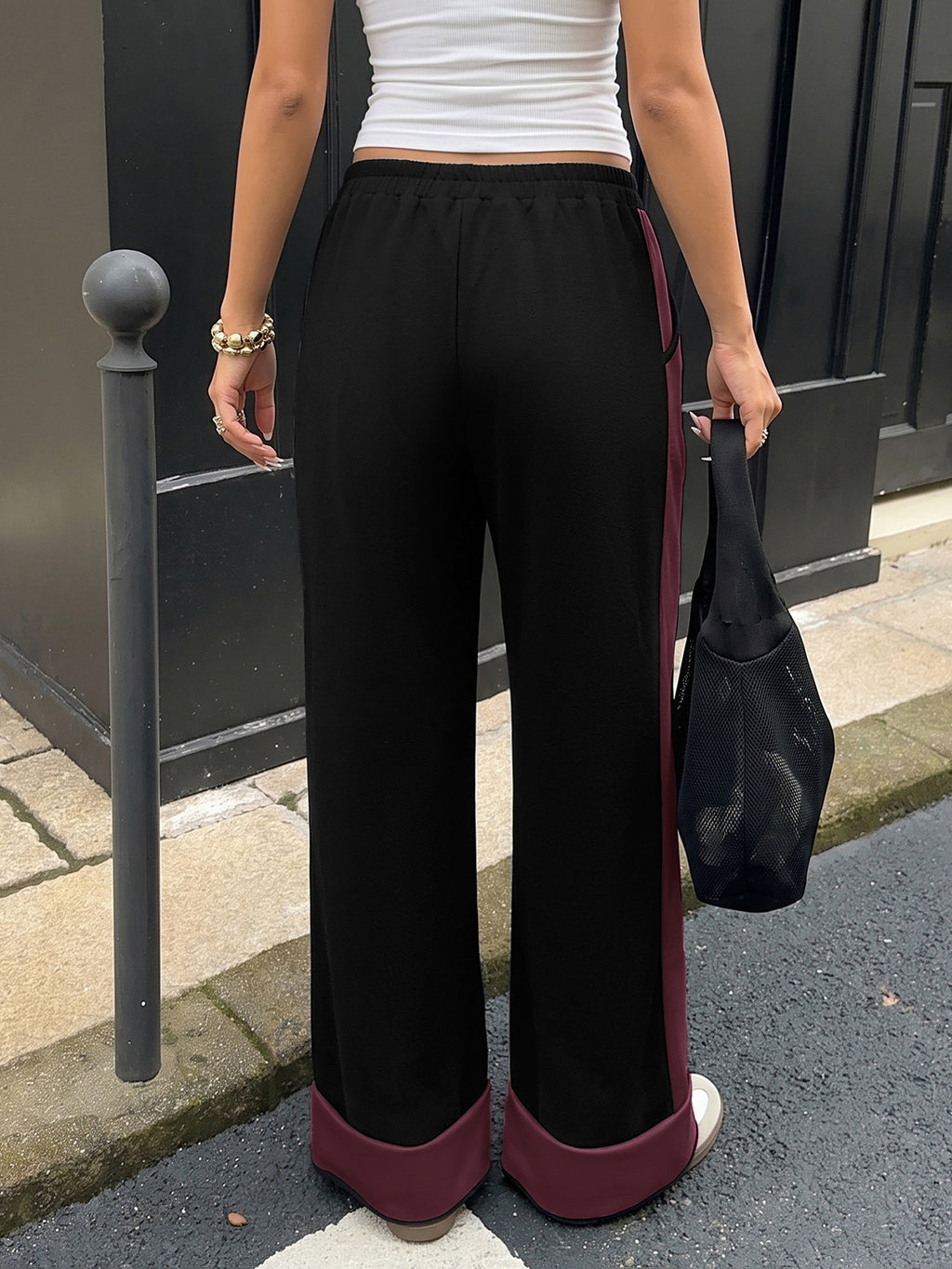 Wide Leg Drawstring Pants With Contrast Panels - Red - 1