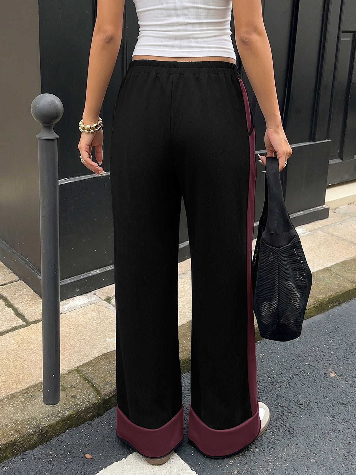 Wide Leg Drawstring Pants With Contrast Panels - Red - 1