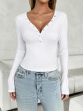 Ribbed Henley V Neck Long Sleeve Top - White