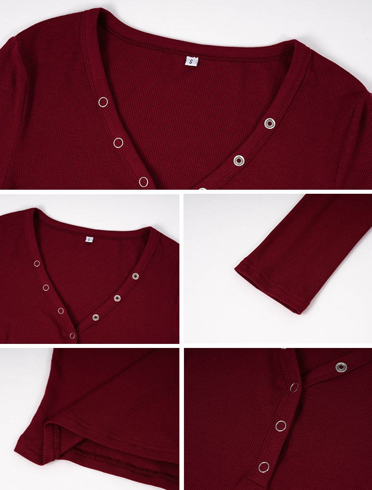 Ribbed Henley V Neck Long Sleeve Top - Winered - 2