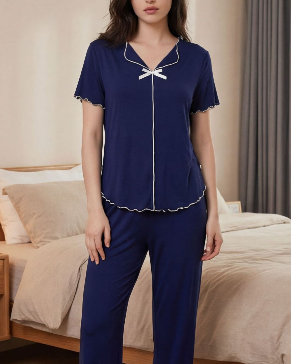 Scalloped-Trim Bow Short-Sleeve Top & Pants Pajama Set - Blue