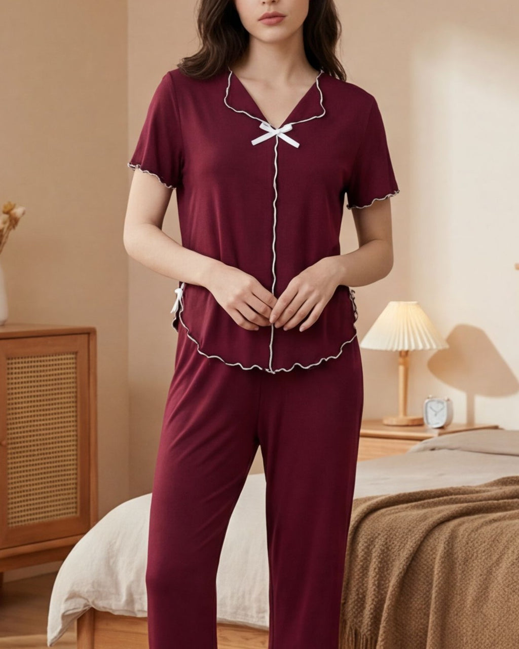 Scalloped-Trim Bow Short-Sleeve Top & Pants Pajama Set - Red