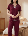 Scalloped-Trim Bow Short-Sleeve Top & Pants Pajama Set - Red