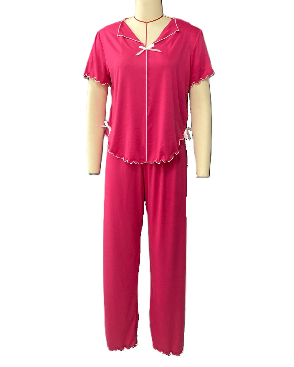 Scalloped-Trim Bow Short-Sleeve Top & Pants Pajama Set