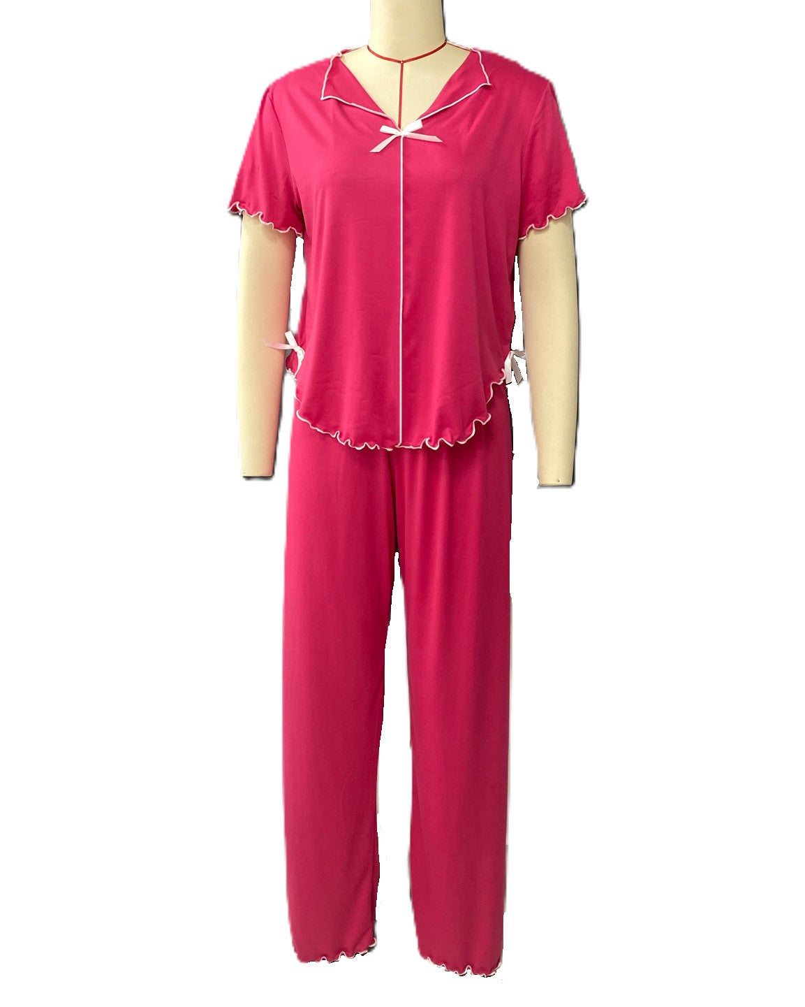 Scalloped-Trim Bow Short-Sleeve Top & Pants Pajama Set