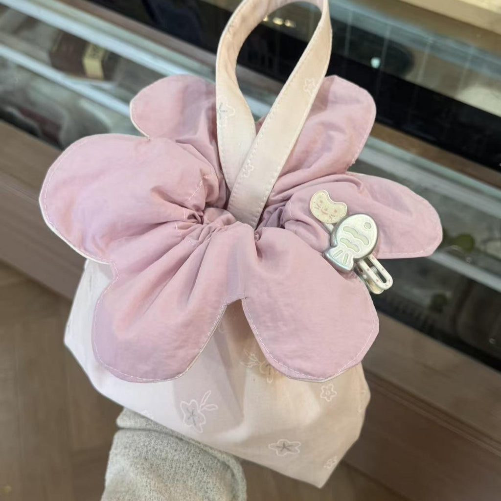 Flower Petal Drawstring Pouch With Top Handle - Pink