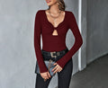 Keyhole V Neck Ribbed Long Sleeve Top - Wine
