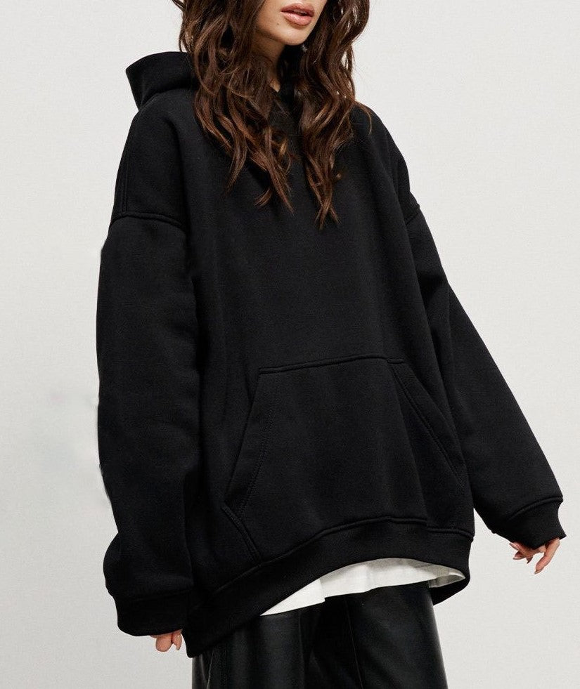 Oversized Fleece Lined Drop Shoulder Hoodie - Black