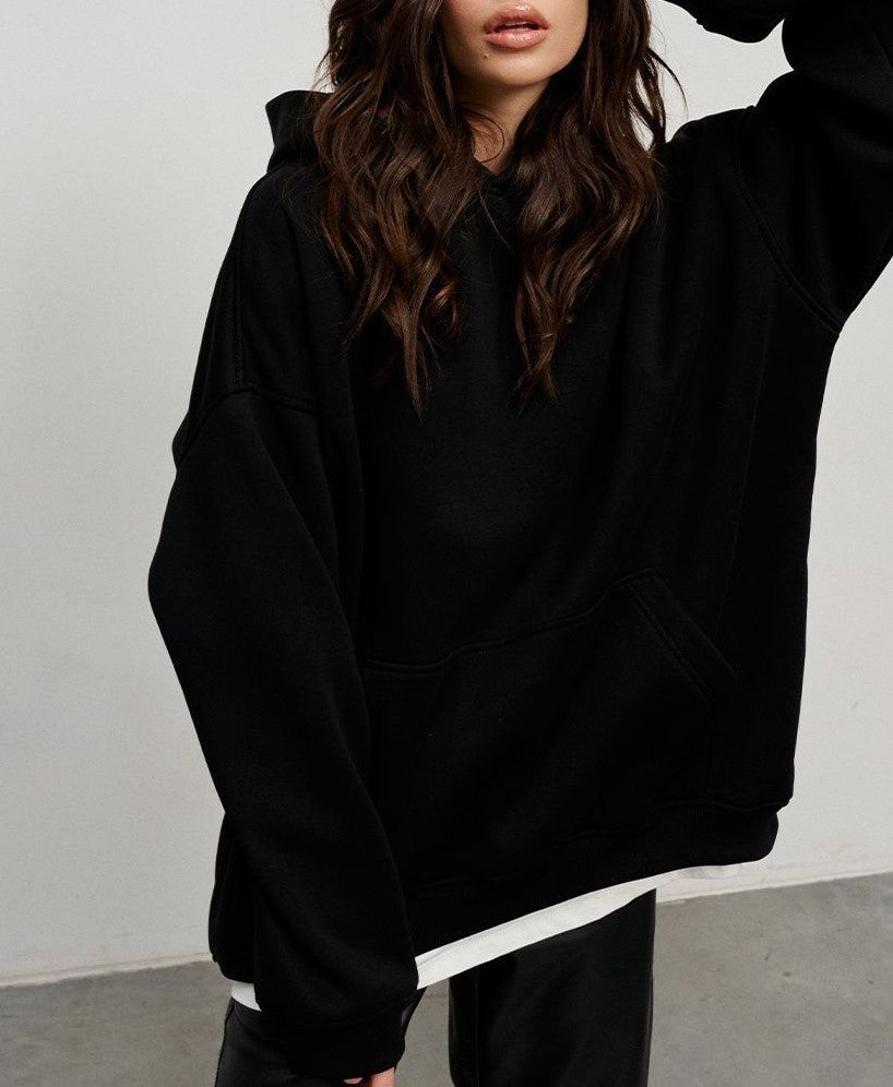 Oversized Fleece Lined Drop Shoulder Hoodie - Black - 1