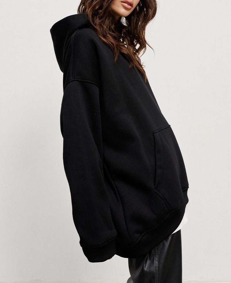 Oversized Fleece Lined Drop Shoulder Hoodie - Black - 2
