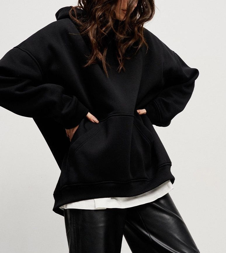 Oversized Fleece Lined Drop Shoulder Hoodie - Black - 3