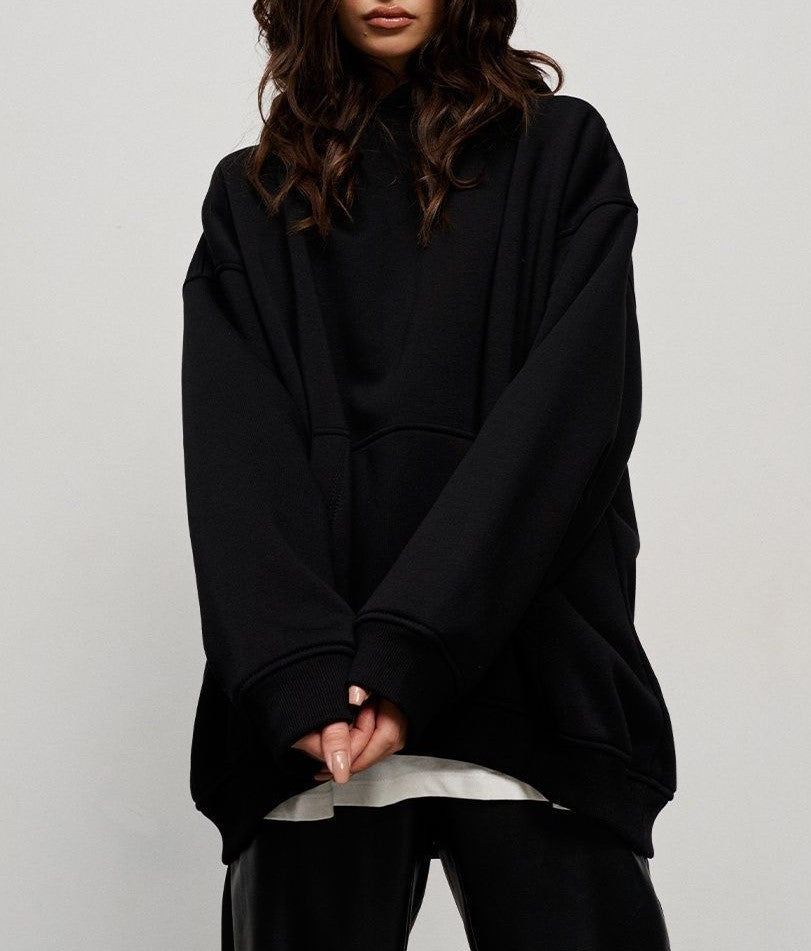 Oversized Fleece Lined Drop Shoulder Hoodie - Black - 4
