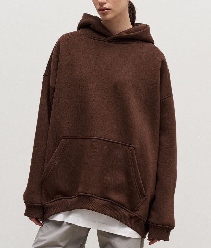 Oversized Fleece Lined Drop Shoulder Hoodie - Coffee - 1