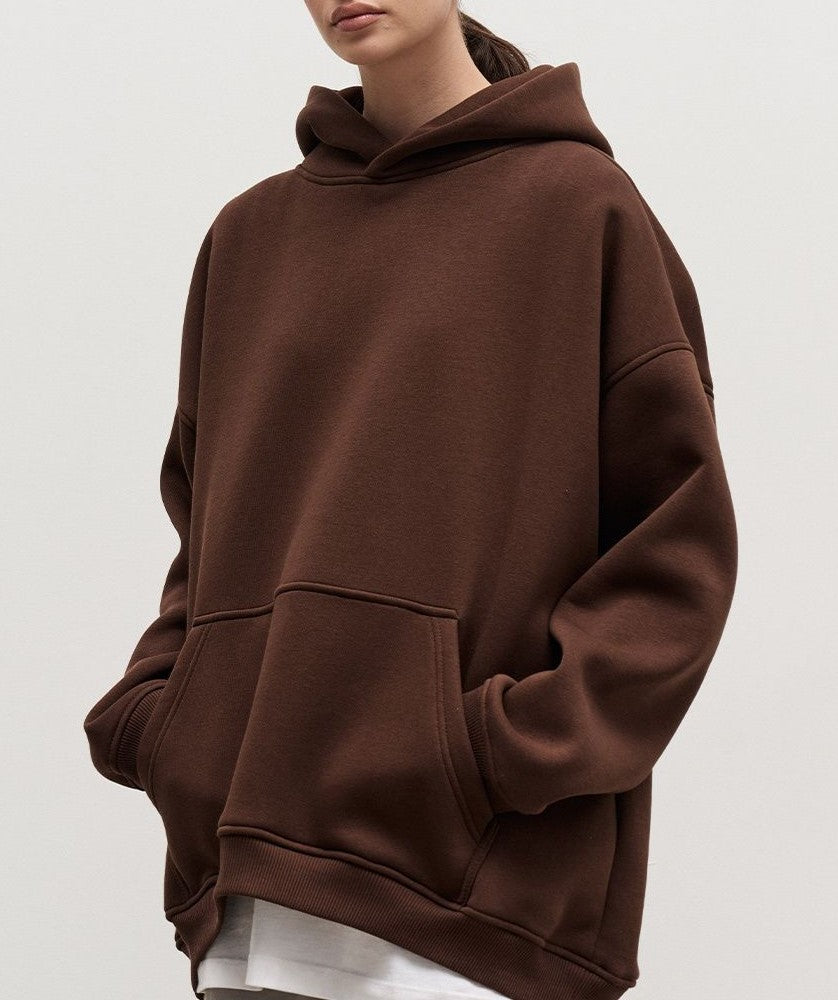 Oversized Fleece Lined Drop Shoulder Hoodie - Coffee - 3