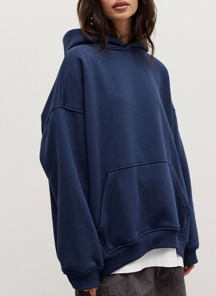 Oversized Fleece Lined Drop Shoulder Hoodie - DarkBlue