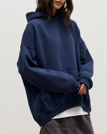 Oversized Fleece Lined Drop Shoulder Hoodie - DarkBlue - 1