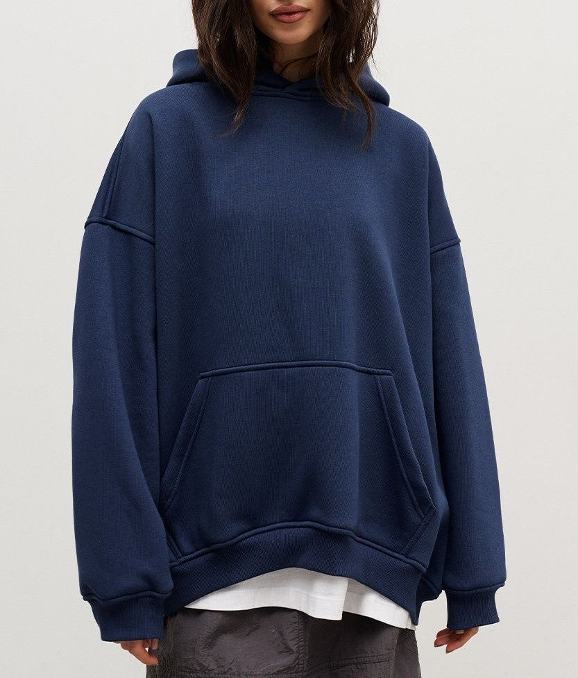 Oversized Fleece Lined Drop Shoulder Hoodie - DarkBlue - 2