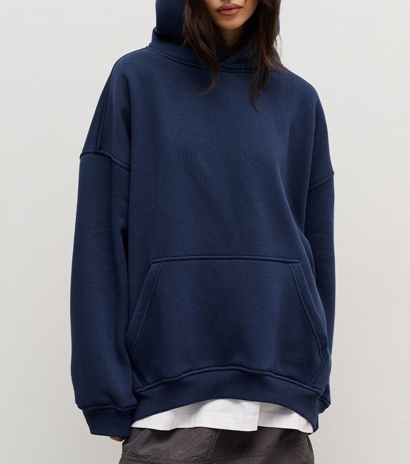 Oversized Fleece Lined Drop Shoulder Hoodie - DarkBlue - 3