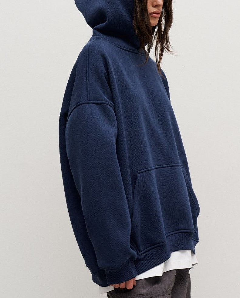 Oversized Fleece Lined Drop Shoulder Hoodie - DarkBlue - 4