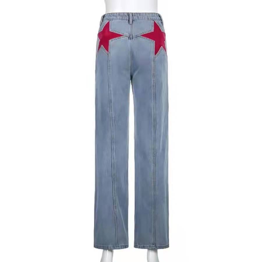 Star Patch Pocket Mid Rise Flare Jeans - Blue