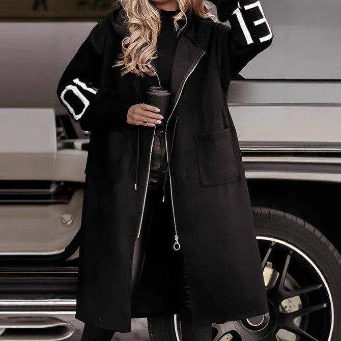Hooded Longline Zip Up Knit Coat - Black