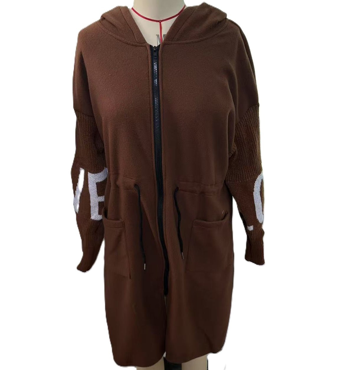 Hooded Longline Zip Up Knit Coat - Brown