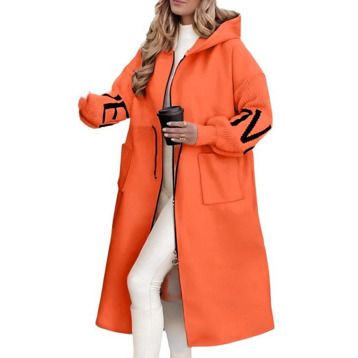 Hooded Longline Zip Up Knit Coat - Orange